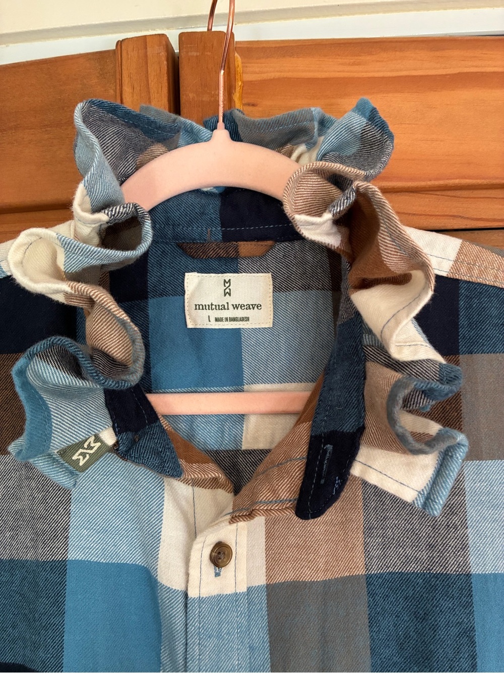 Ruffled Collar Plaid Button-Down Shirt - Blue & Brown - Picture 6 of 6